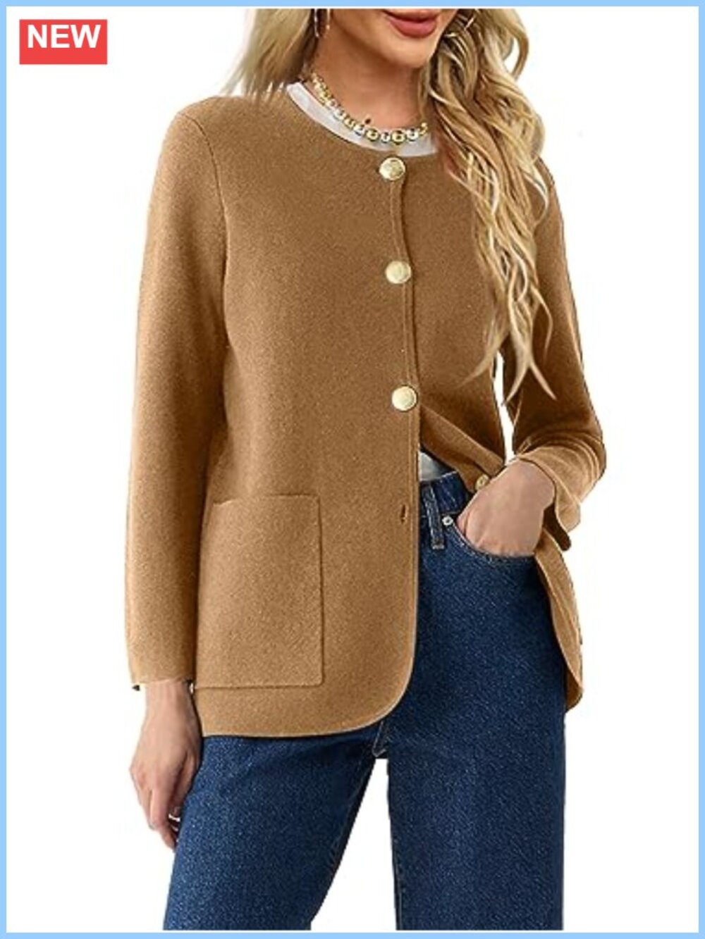 Womens Crew Neck Button Down Cardigan Sweater Blazer Long Sleeve Knit
